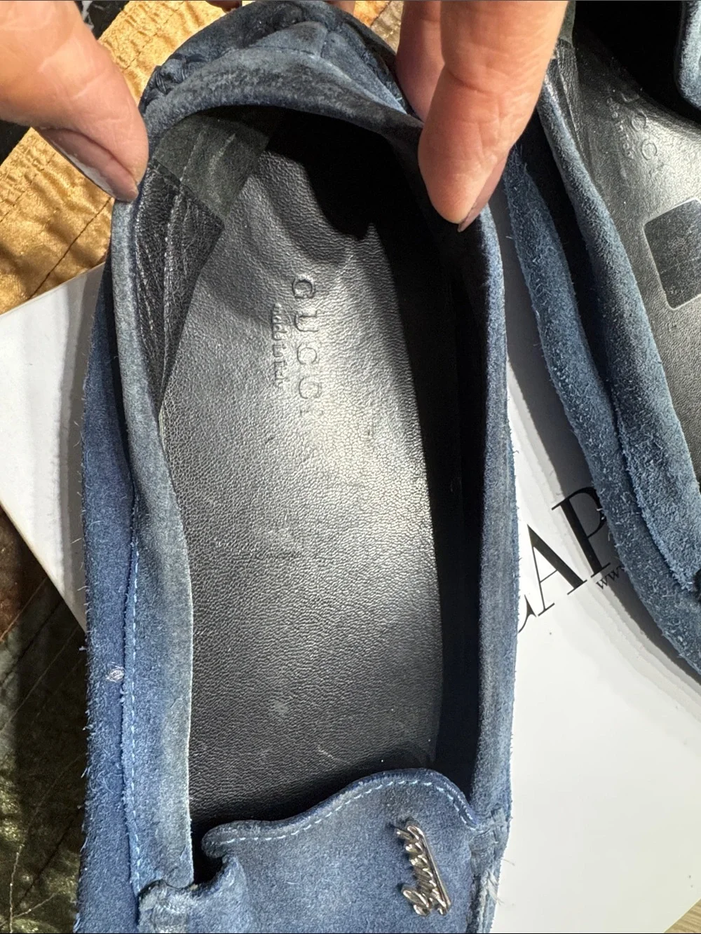 Gucci Navy Suede Slip-On Loafers with Logo Hardware